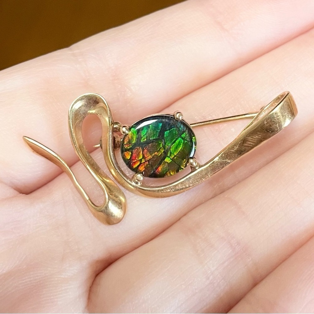 14K AA Korite Ammolite dragon skin triplet vintage yellow gold filigree …​ - Picture 6 of 11